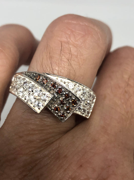 Vintage Red Bohemian Garnet Ring White Sapphire 925 Sterling Silver Cocktail Statement