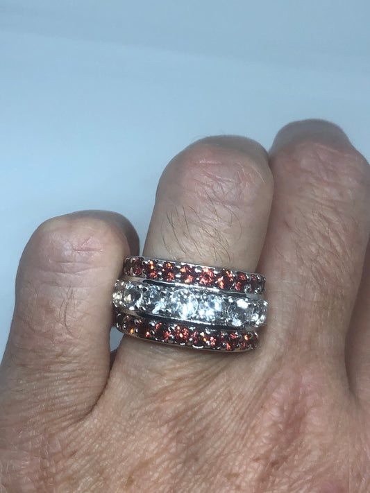 Vintage Red Bohemian Garnet Ring White Sapphire 925 Sterling Silver Cocktail Statement