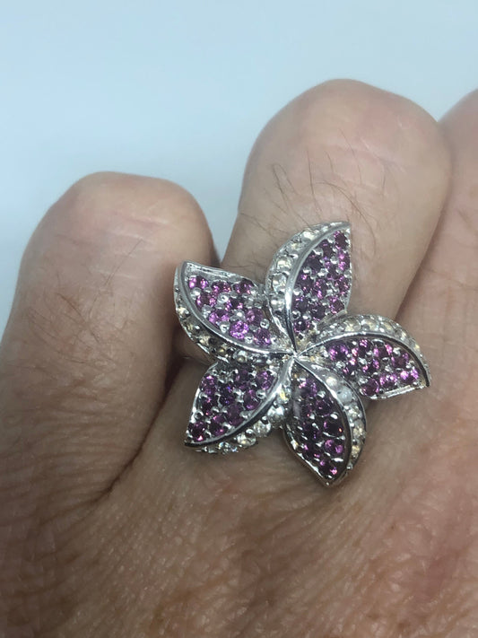 Vintage Pink Tourmaline Flower 925 Sterling Silver Gothic Ring