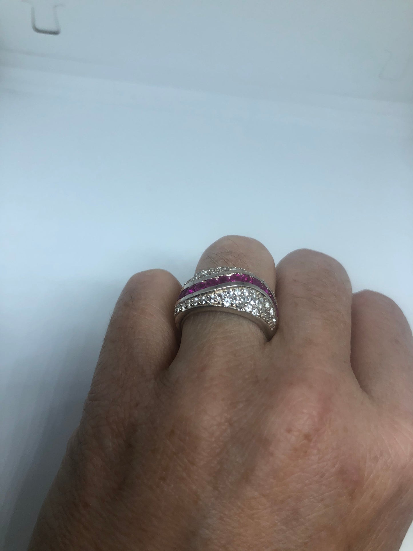 Vintage Pink Ruby 925 Sterling Silver Band Ring