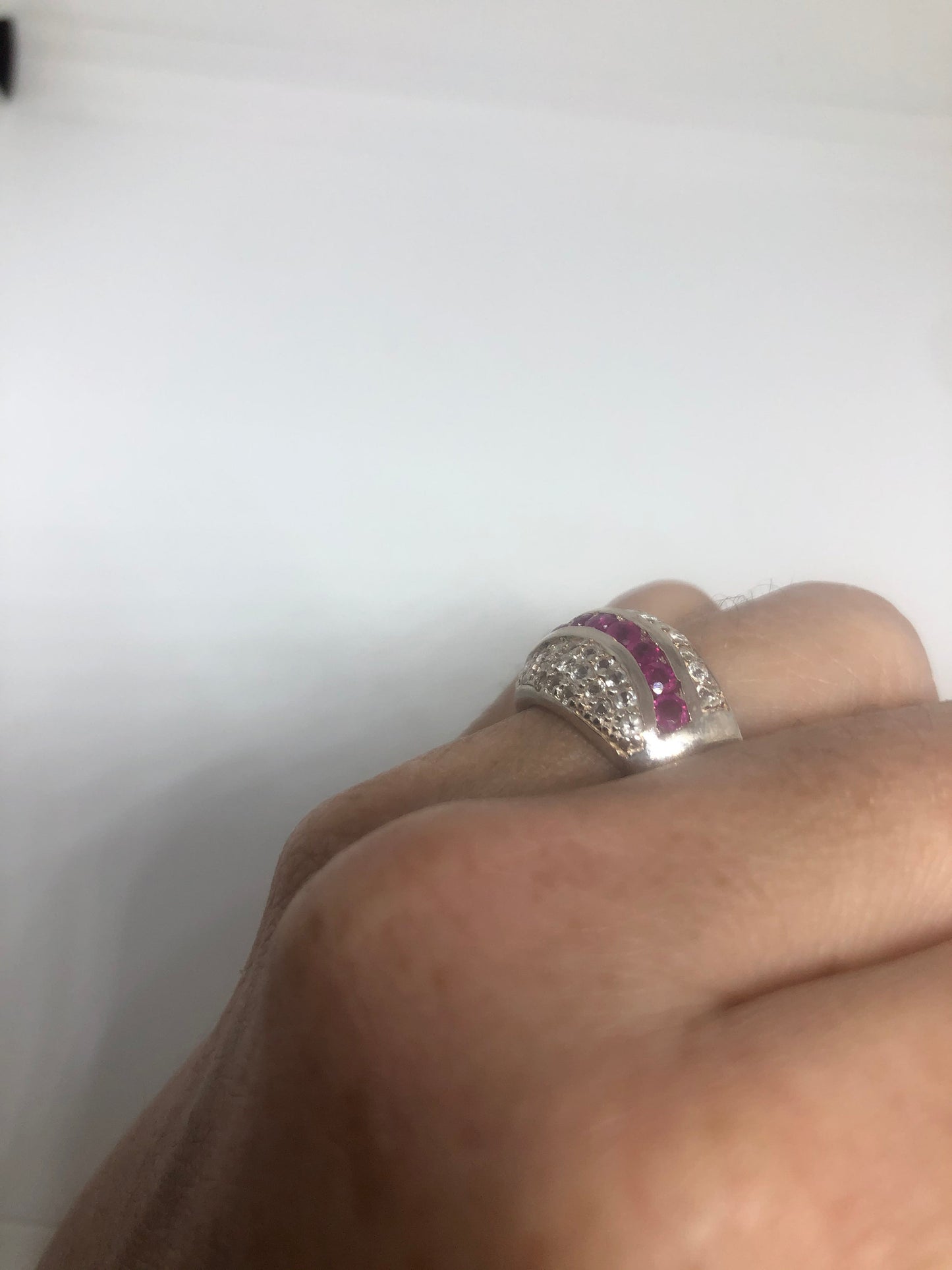 Vintage Pink Ruby 925 Sterling Silver Band Ring