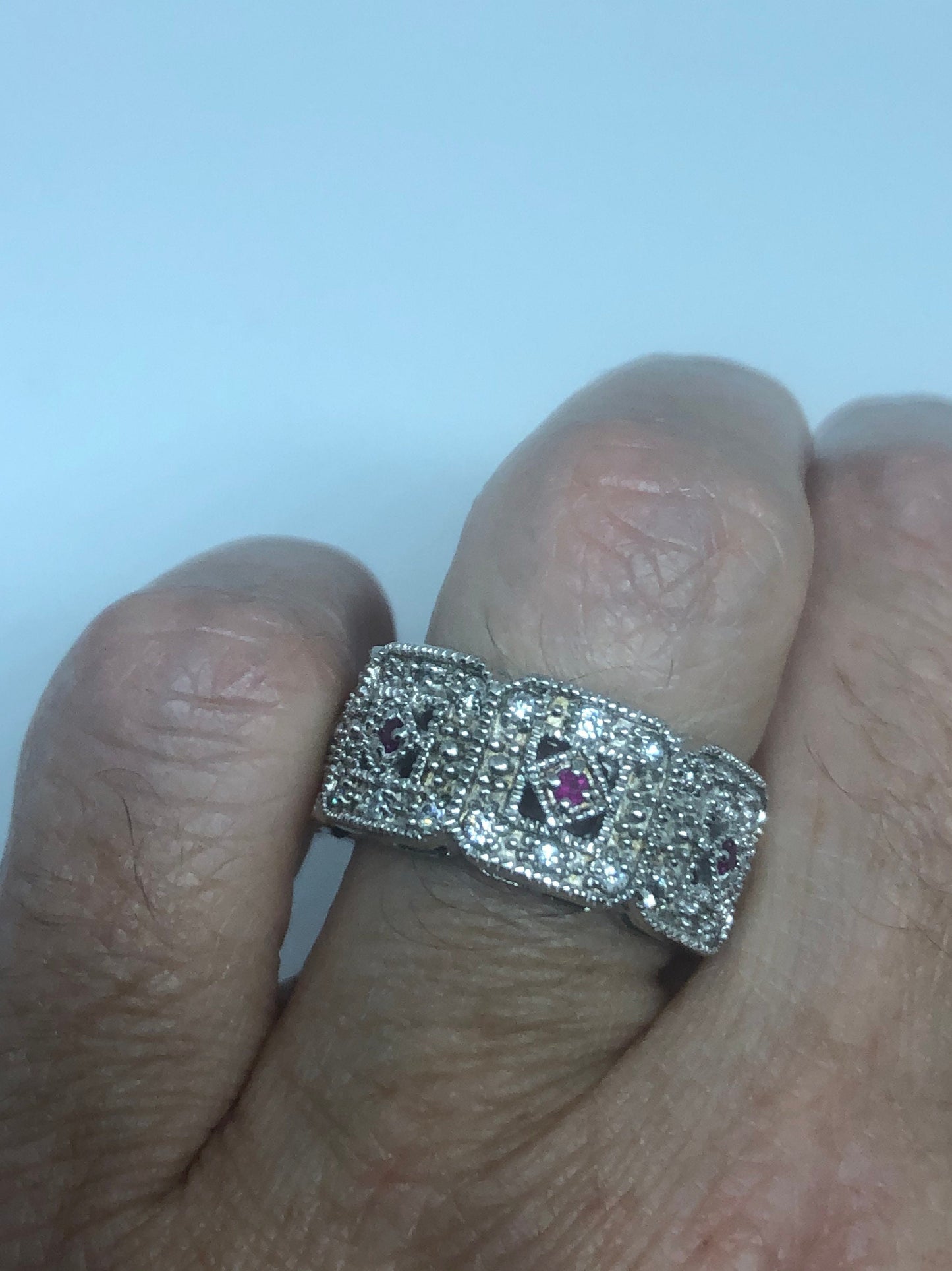 Vintage Pink Ruby 925 Sterling Silver Band Ring