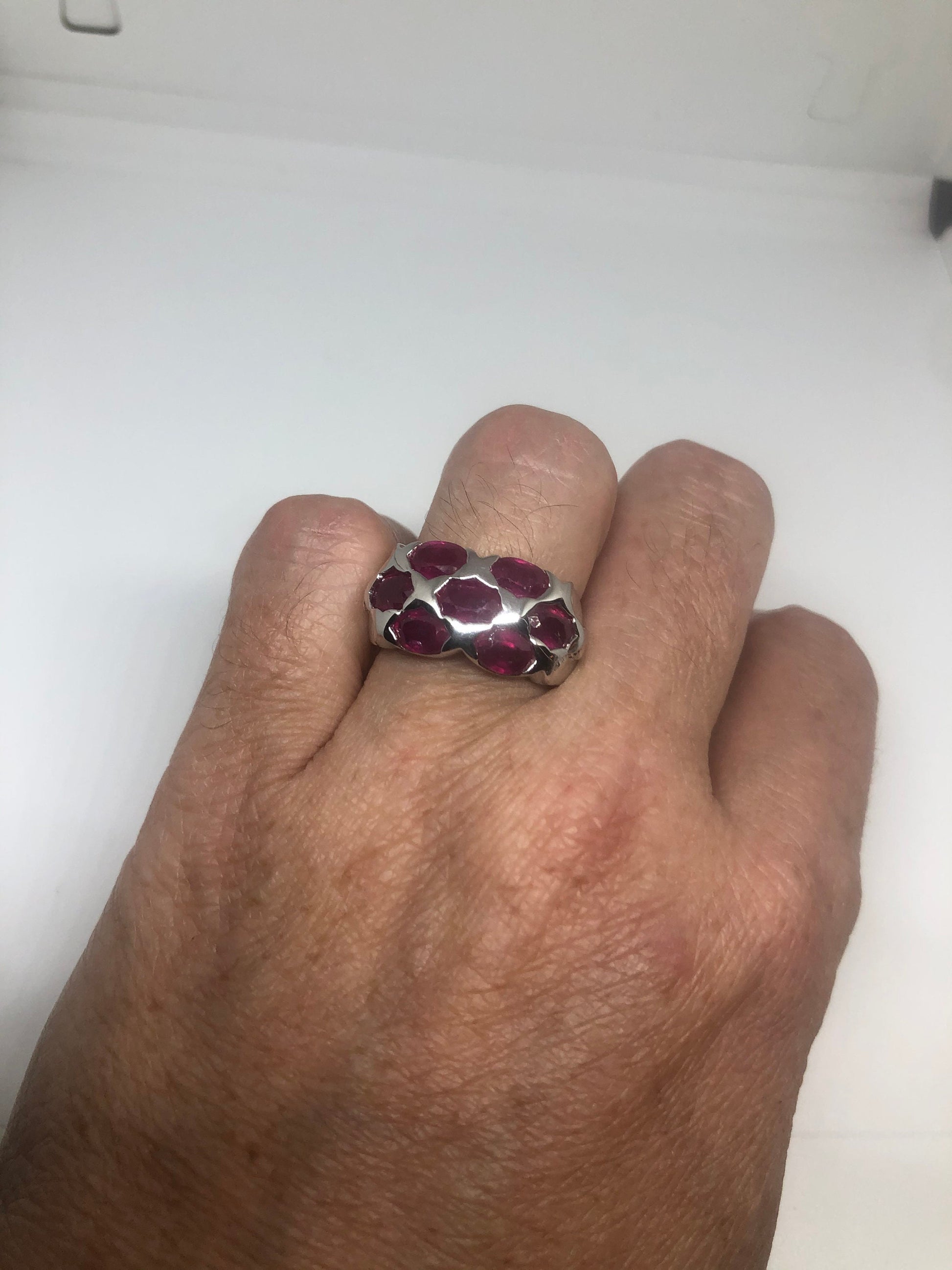 Vintage Pink Ruby 925 Sterling Silver Band Ring