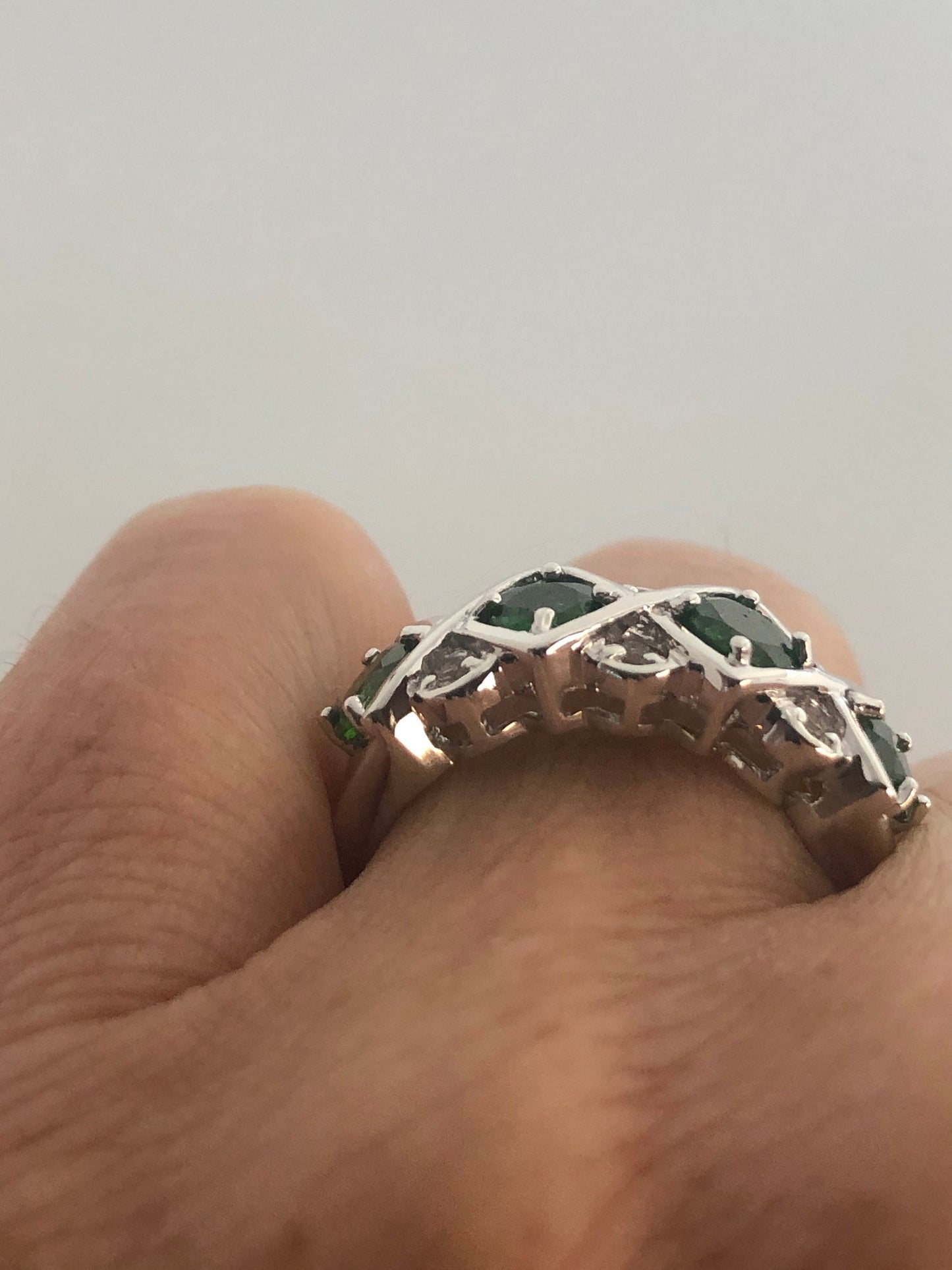 Vintage Handmade Green Chrome Diopside and Clear Flourite Filigree Setting Sterling Silver Gothic Ring