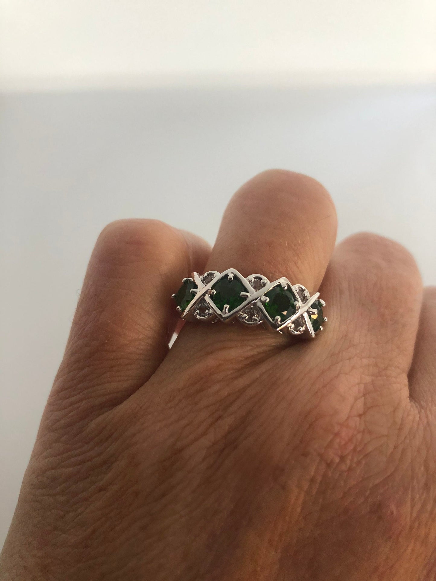 Vintage Handmade Green Chrome Diopside and Clear Flourite Filigree Setting Sterling Silver Gothic Ring