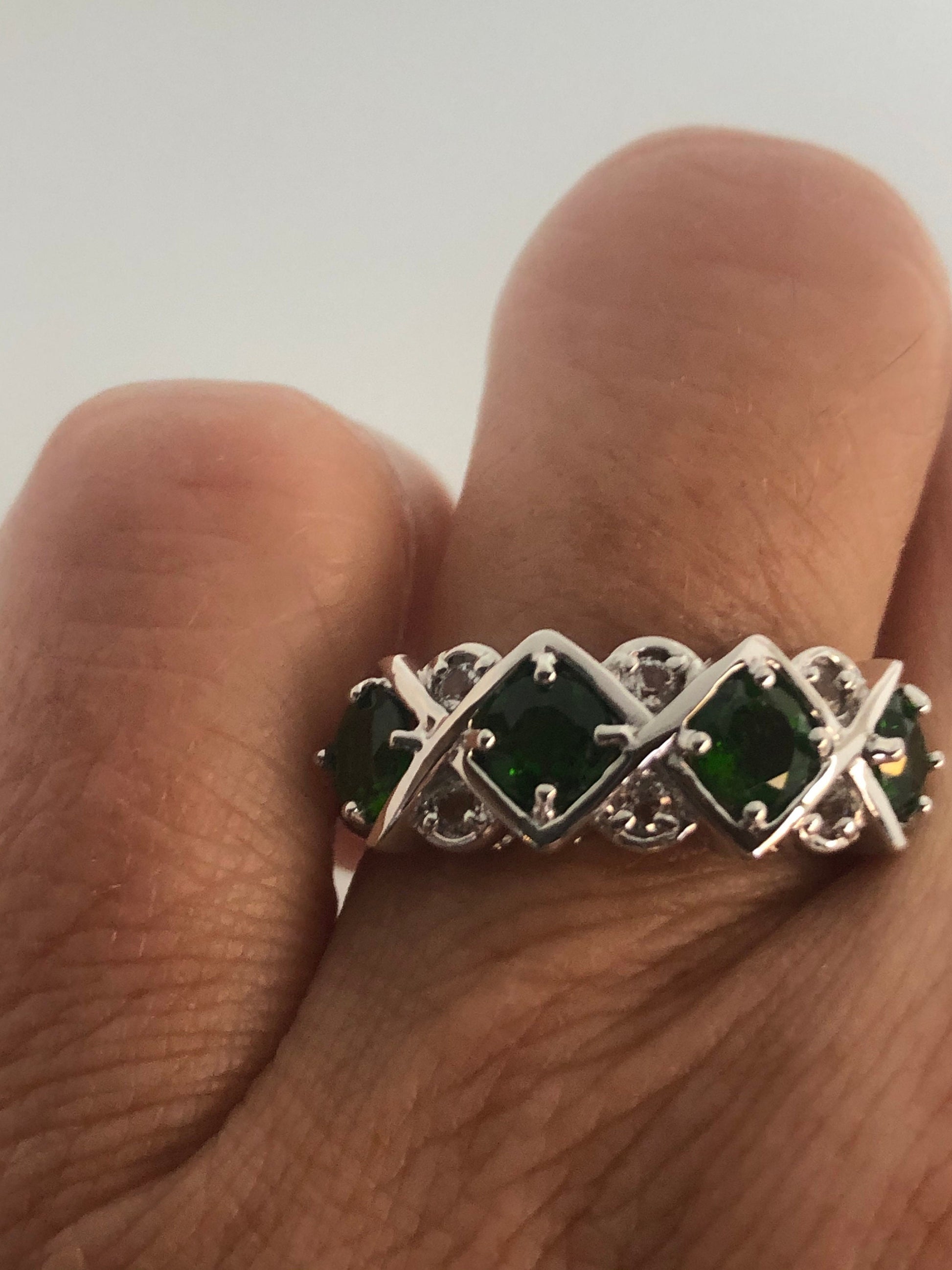 Vintage Handmade Green Chrome Diopside and Clear Flourite Filigree Setting Sterling Silver Gothic Ring