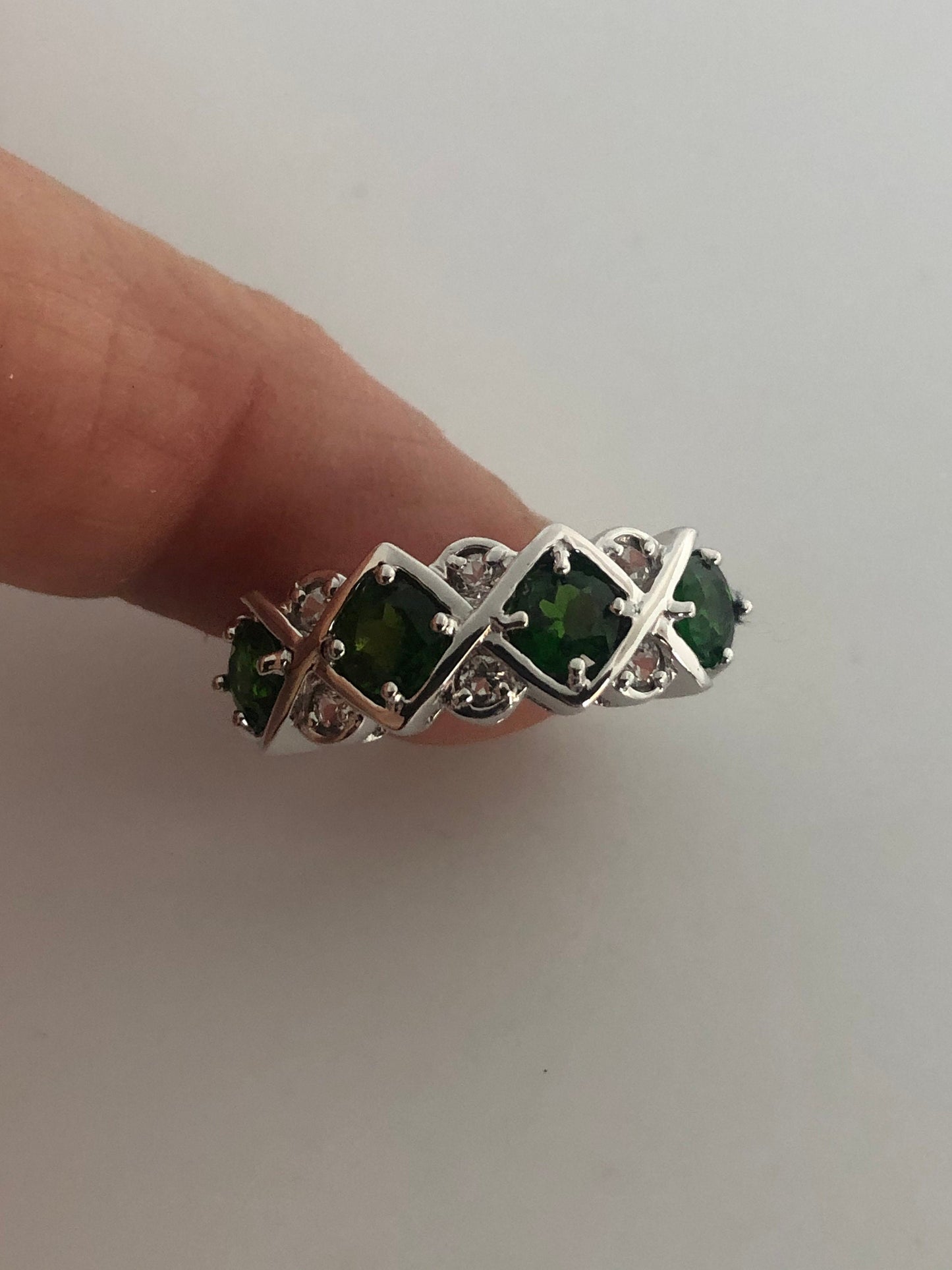 Vintage Handmade Green Chrome Diopside and Clear Flourite Filigree Setting Sterling Silver Gothic Ring