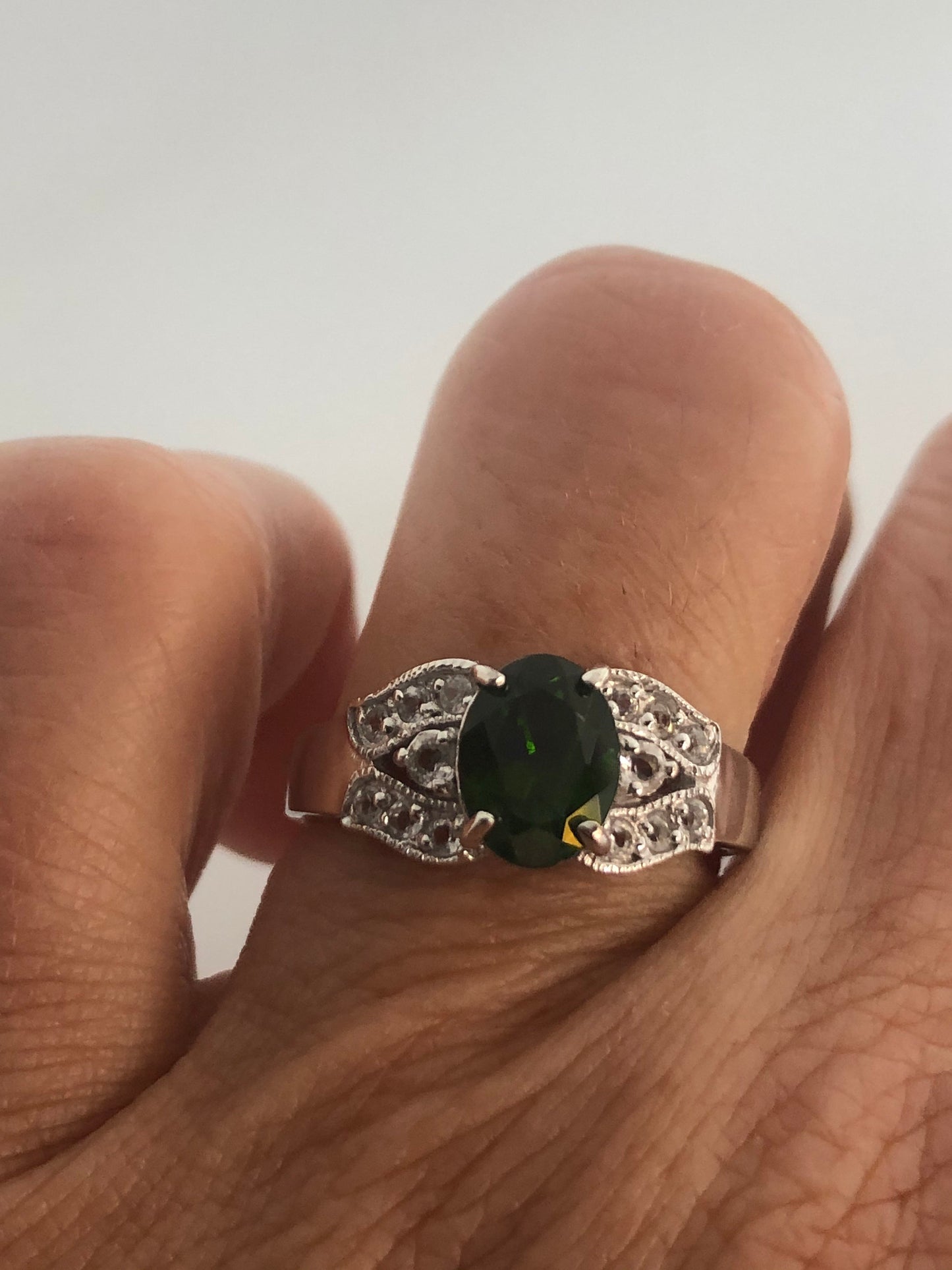 Vintage Handmade Green Chrome Diopside and Clear Flourite Filigree Setting Sterling Silver Gothic Ring