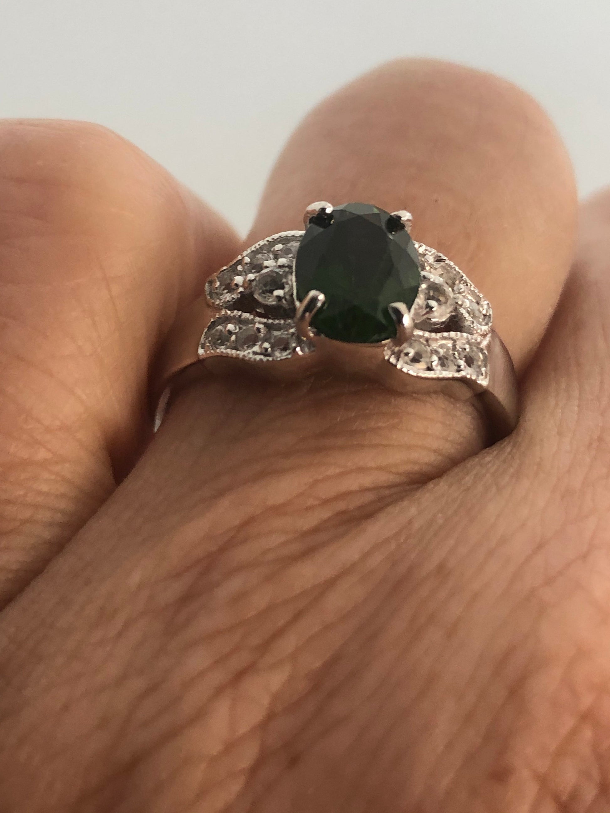 Vintage Handmade Green Chrome Diopside and Clear Flourite Filigree Setting Sterling Silver Gothic Ring