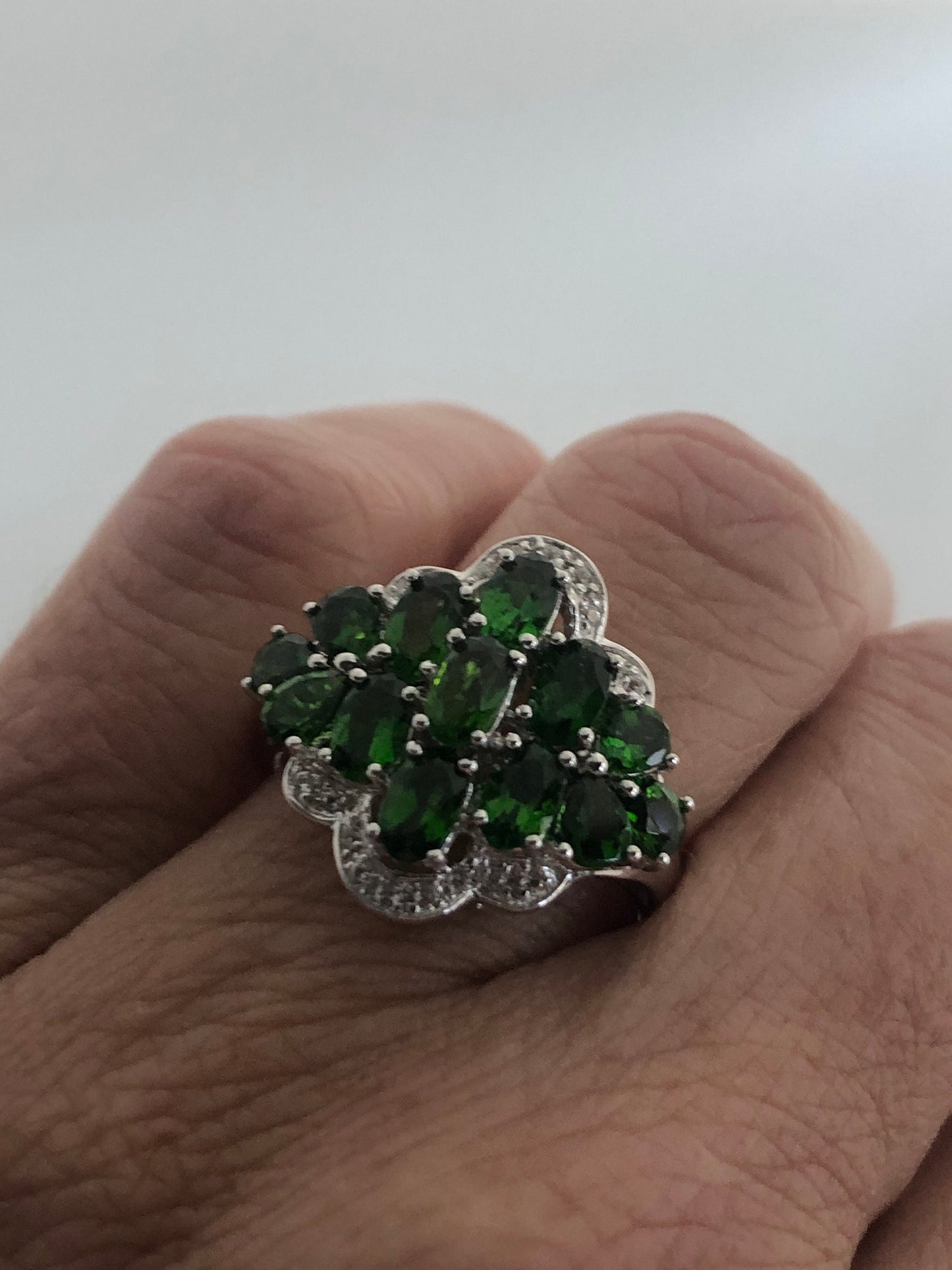 Vintage Handmade Genuine Green Chrome Diopside Setting 925 Sterling Silver Gothic Ring