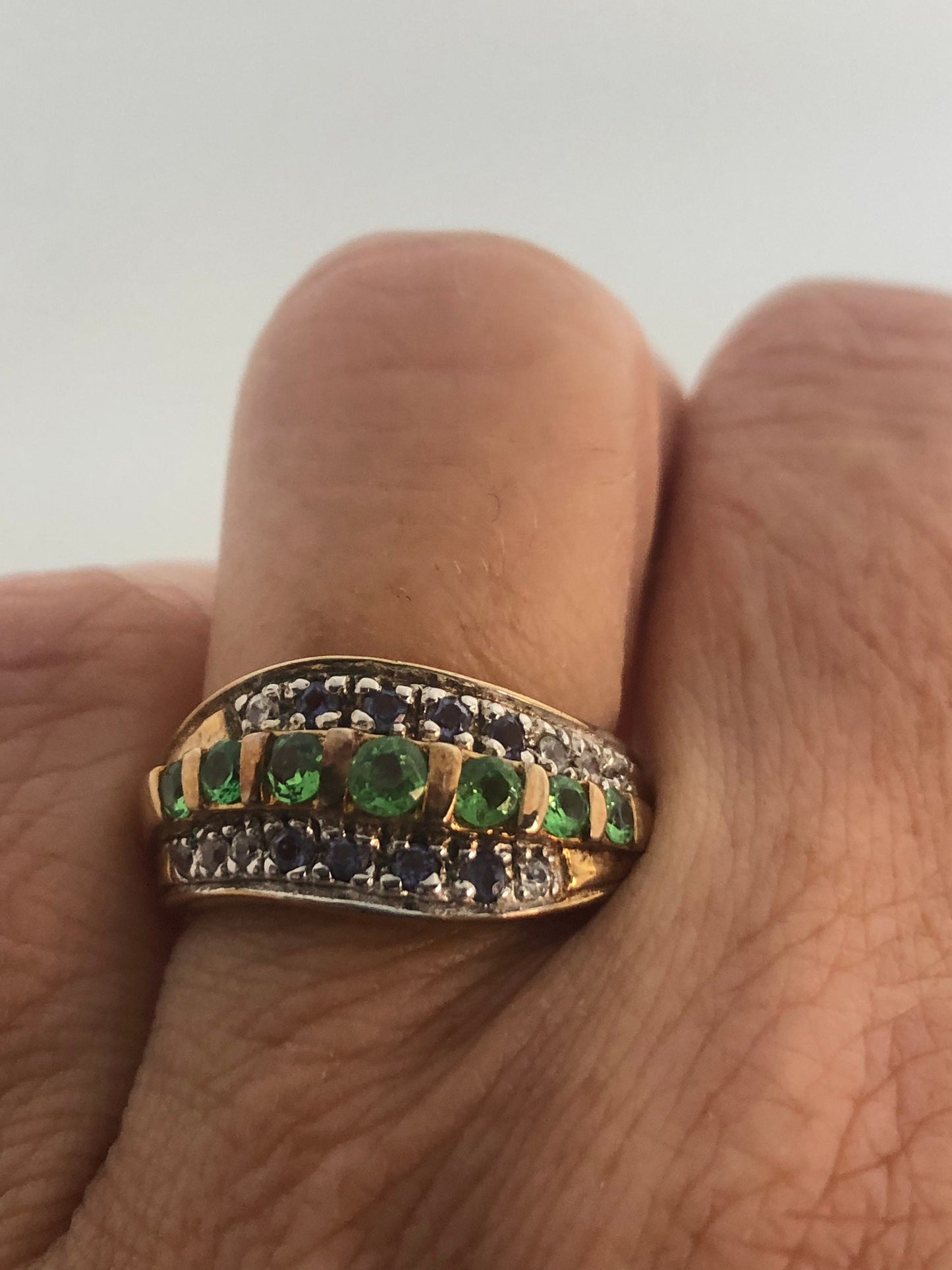 Vintage Handmade Genuine Green Chrome Diopside Filigree Setting Golden 925 Sterling Silver Gothic Knot Ring