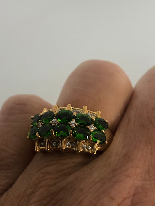 Vintage Handmade Genuine Green Chrome Diopside Golden 925 Sterling Silver Ring