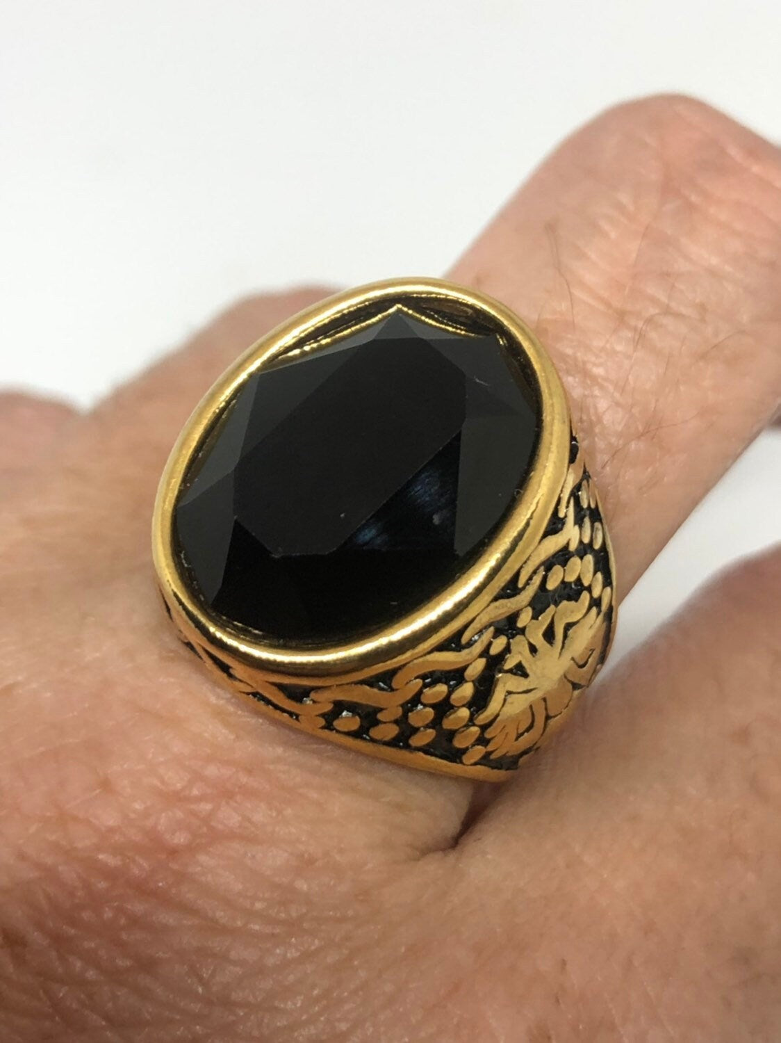 Vintage Gothic Gold Finished Stainless Steel Black Jet Mens Ring