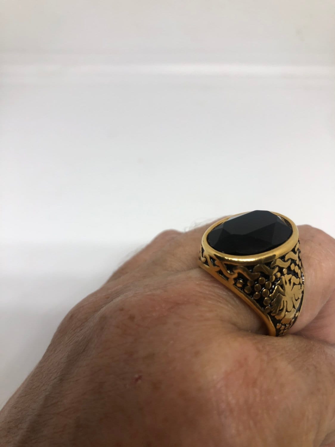 Vintage Gothic Gold Finished Stainless Steel Black Jet Mens Ring