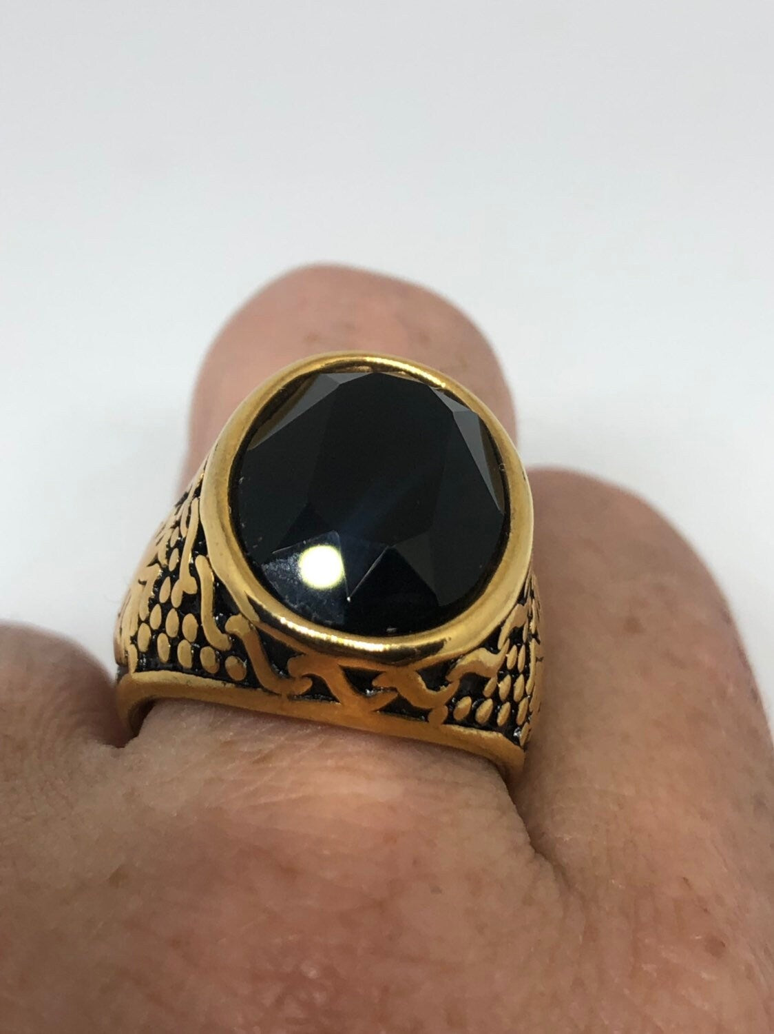 Vintage Gothic Gold Finished Stainless Steel Black Jet Mens Ring