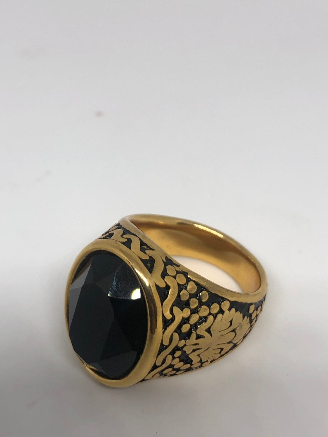 Vintage Gothic Gold Finished Stainless Steel Black Jet Mens Ring