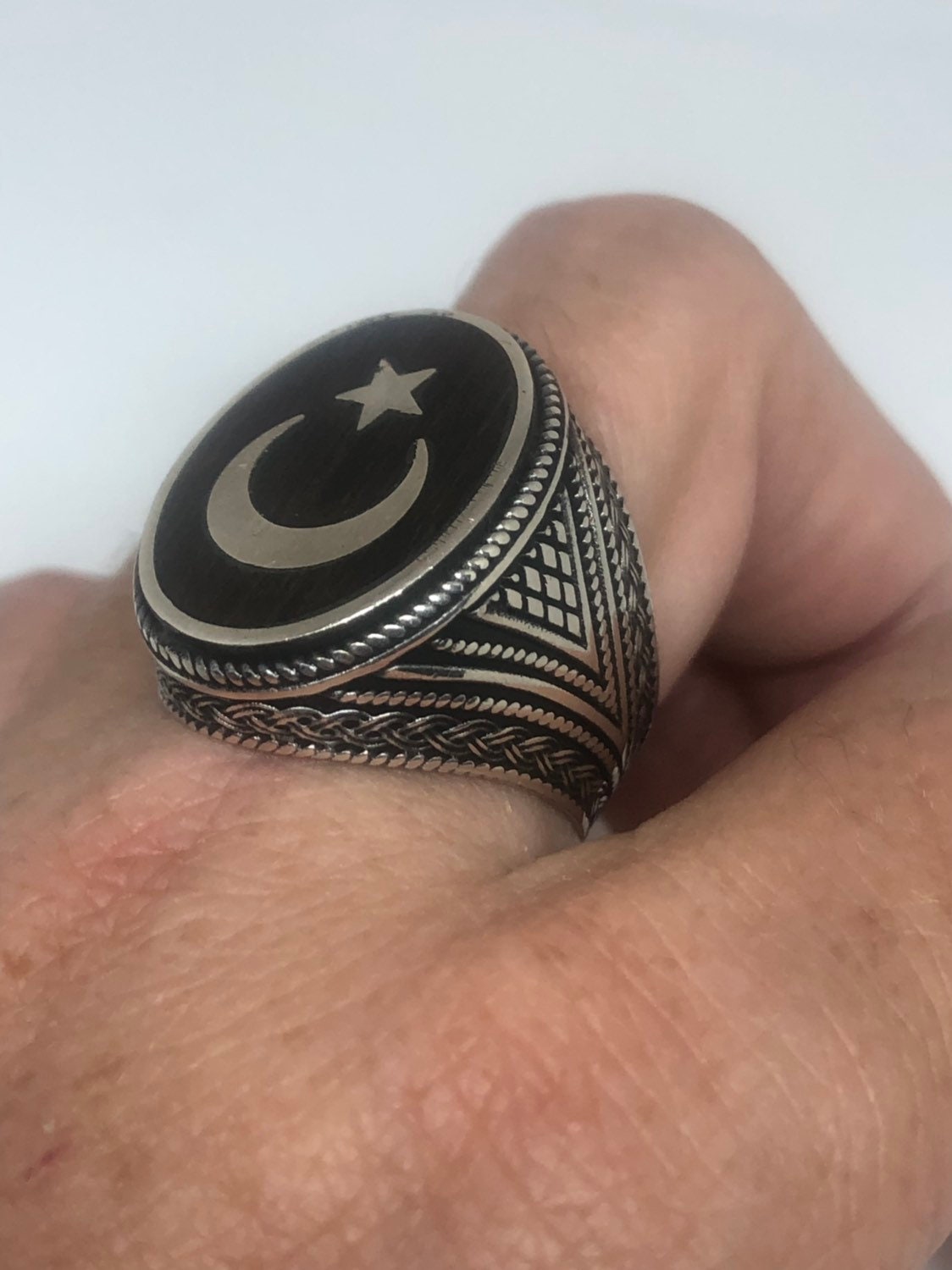Vintage Star of Islam 925 Sterling Silver Teak Wood Inlay Ring