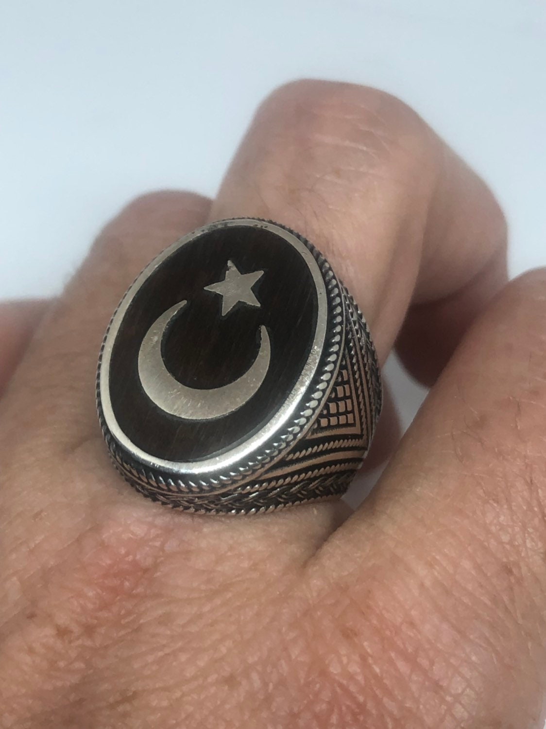 Vintage Star of Islam 925 Sterling Silver Teak Wood Inlay Ring