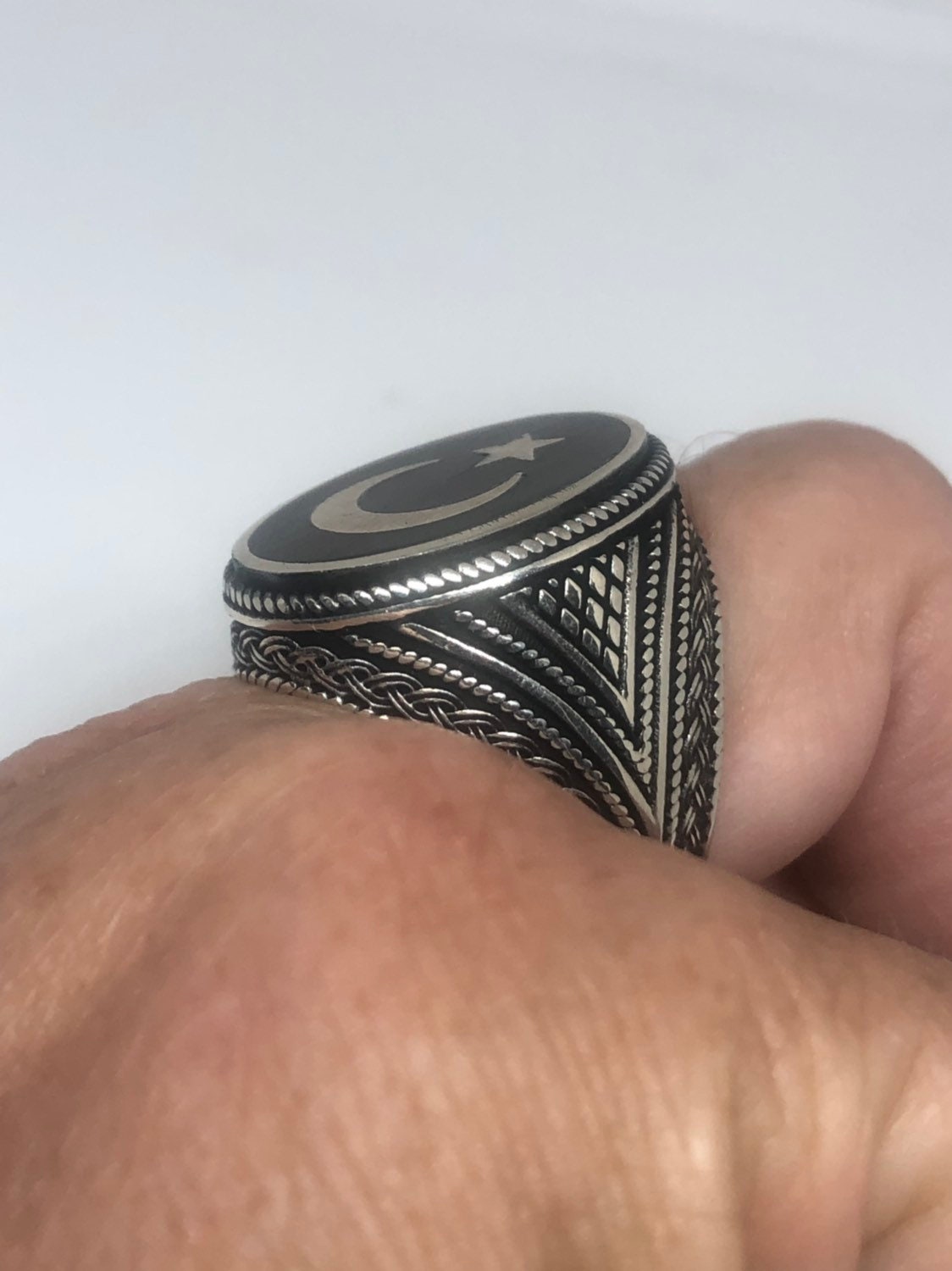 Vintage Star of Islam 925 Sterling Silver Teak Wood Inlay Ring