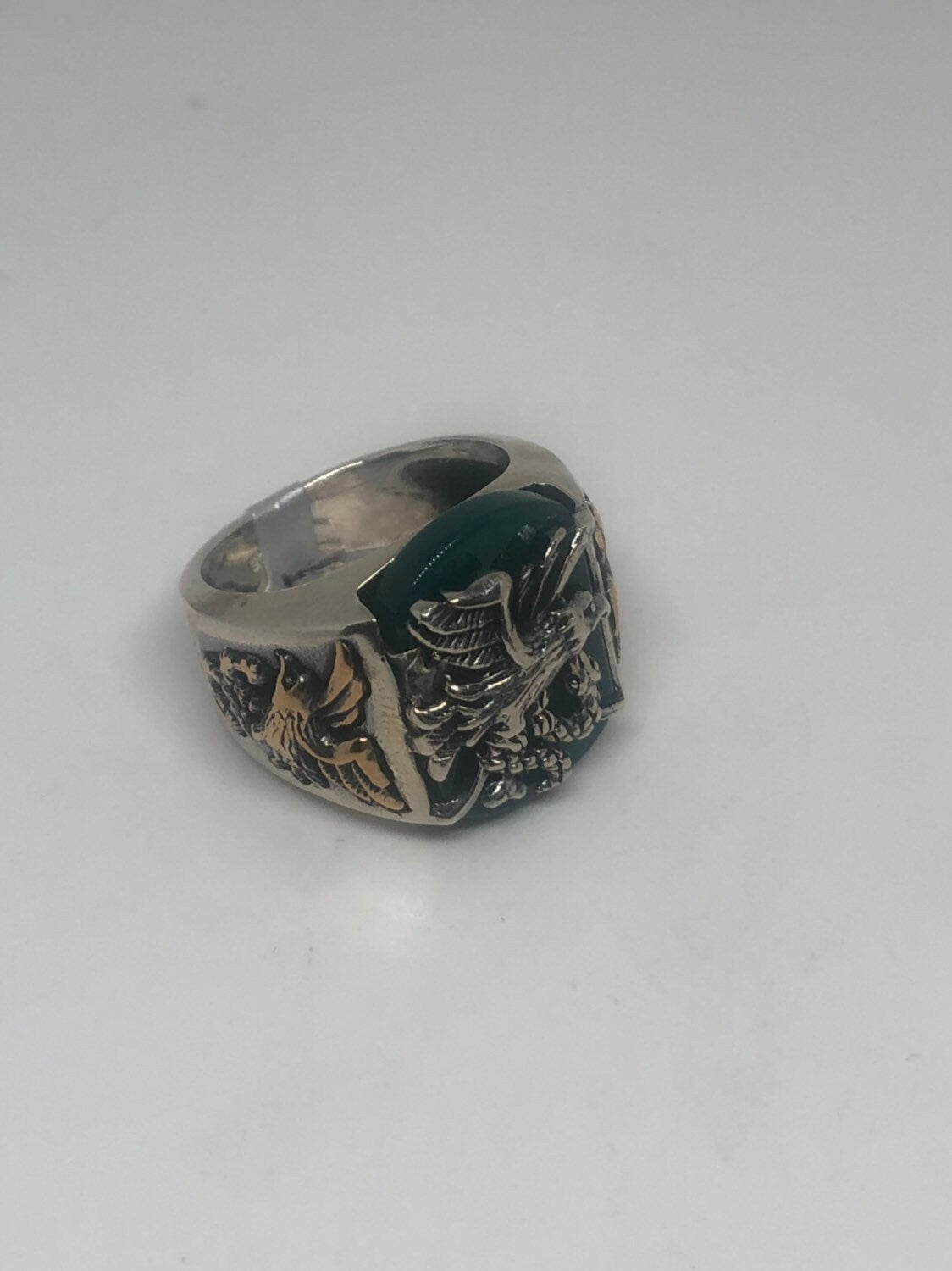 Vintage Green Onyx Eagle with Snake 925 Sterling Silver Ring