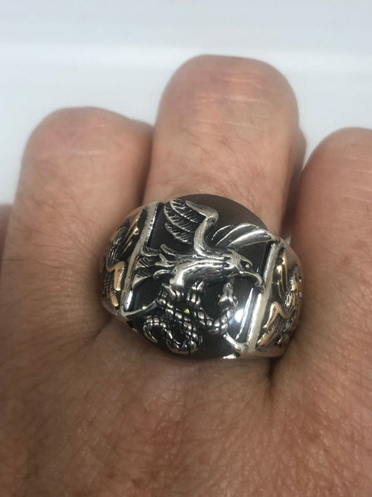Vintage Brown Onyx Eagle with Snake 925 Sterling Silver Ring