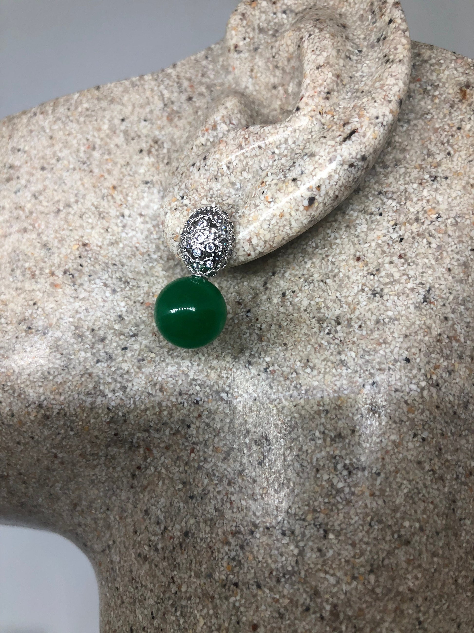 Vintage Fun Green Jade Gemstone Silver Bronze Stud Earrings