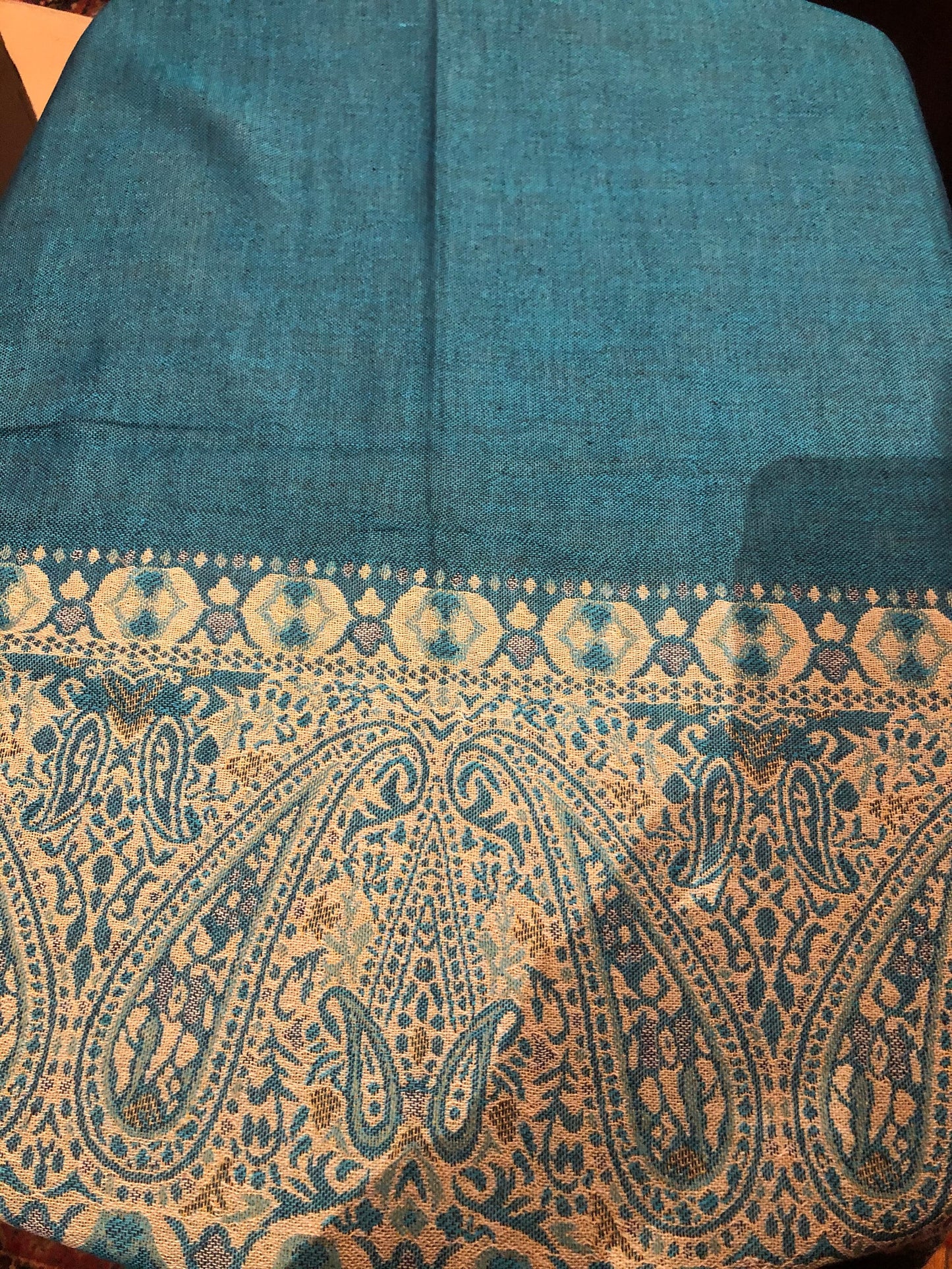 Vintage Teal Blue Paisley Brocade Pashmina Scarf Wrap Shawl