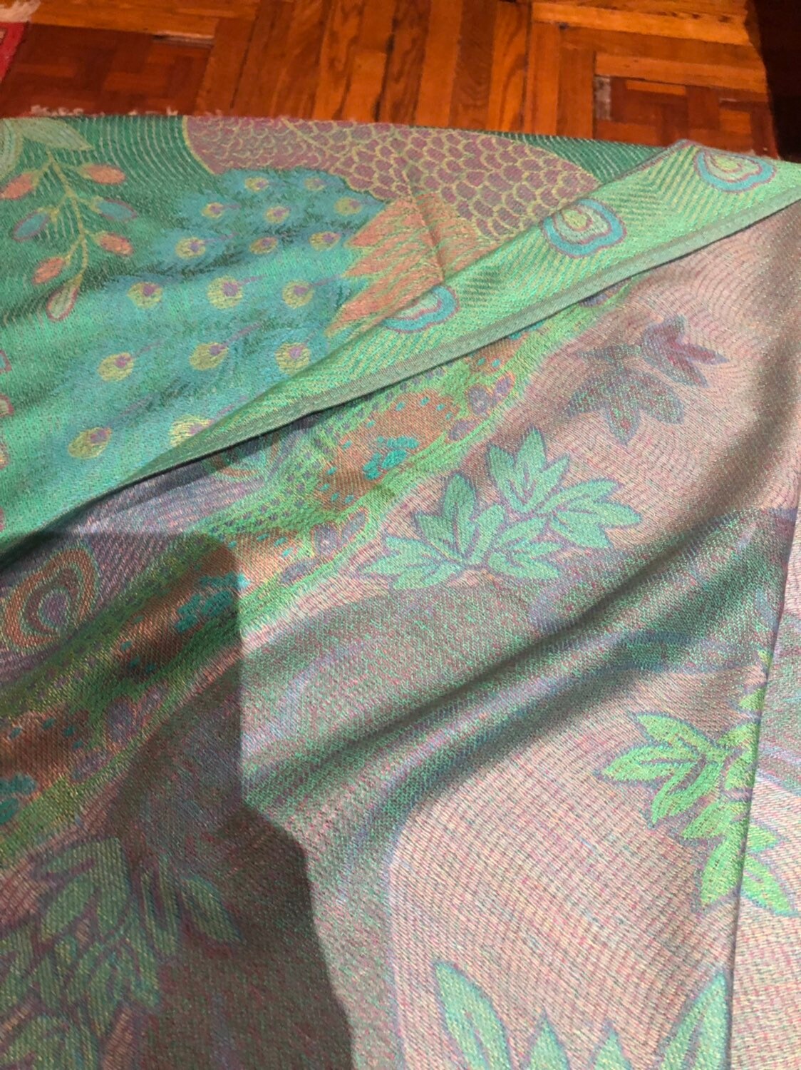 Vintage Peacock Feather Brocade Pashmina Scarf Wrap Shawl