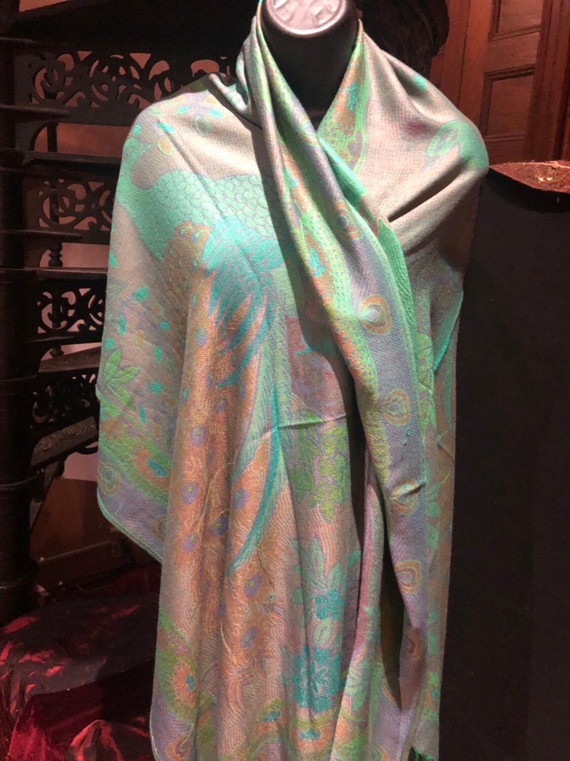 Vintage Peacock Feather Brocade Pashmina Scarf Wrap Shawl