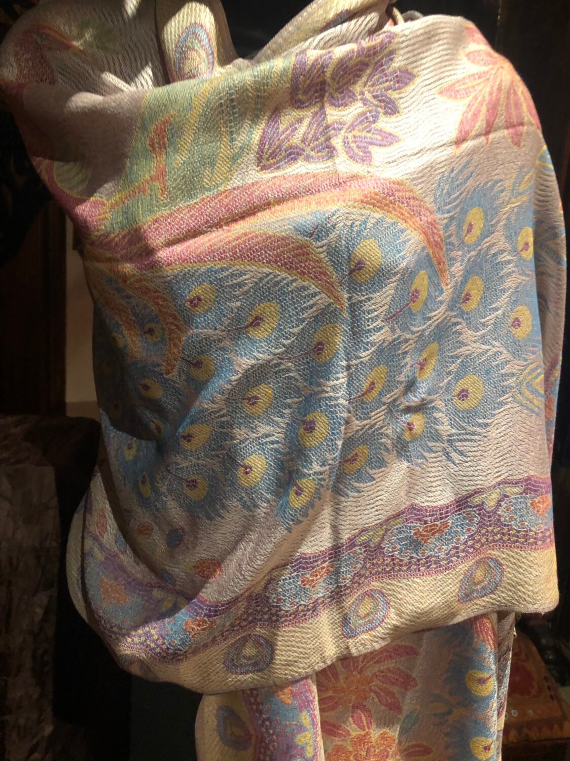 Vintage Peacock Feather Brocade Pashmina Scarf Wrap Shawl