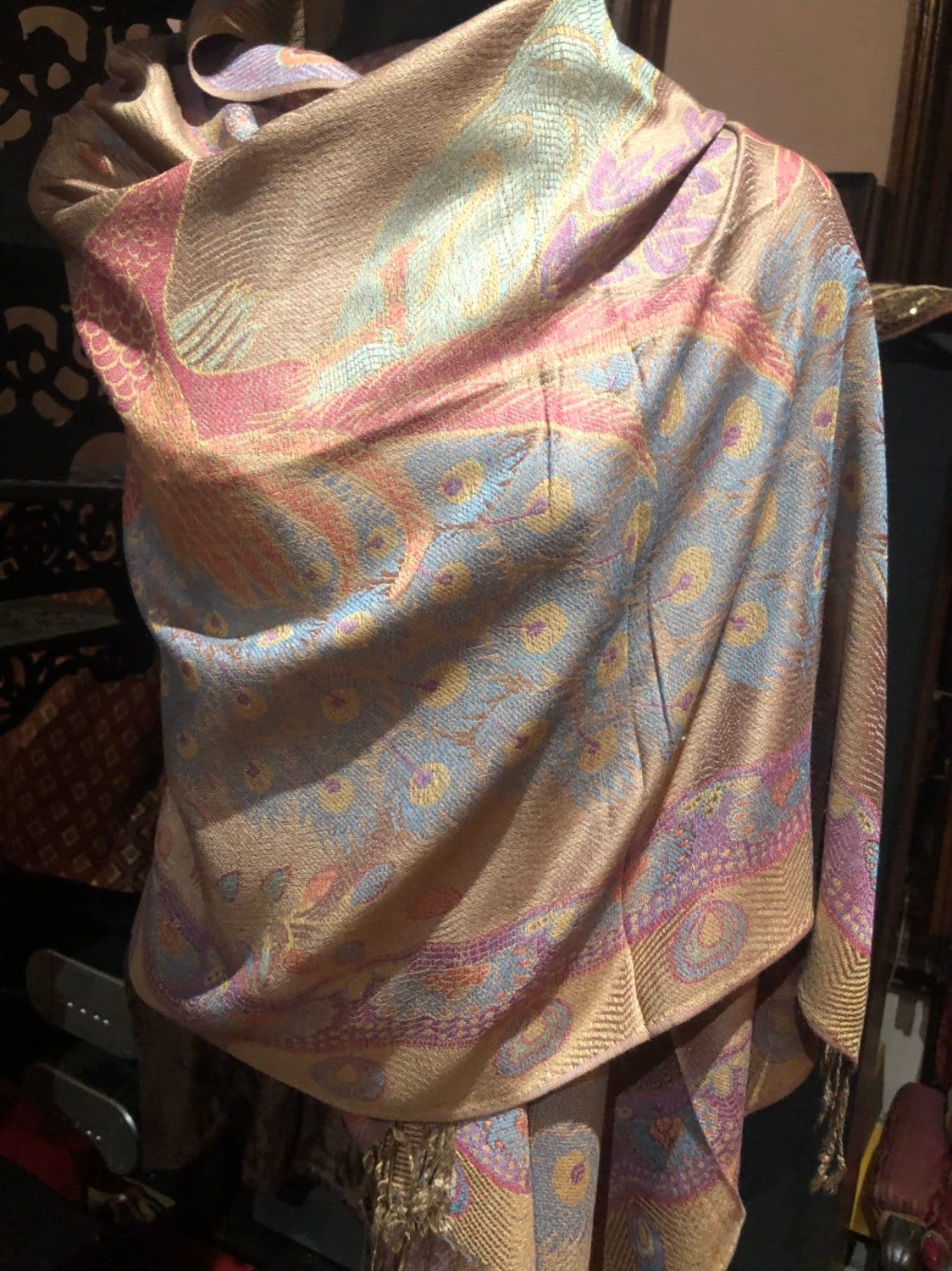 Vintage Peacock Feather Brocade Pashmina Scarf Wrap Shawl