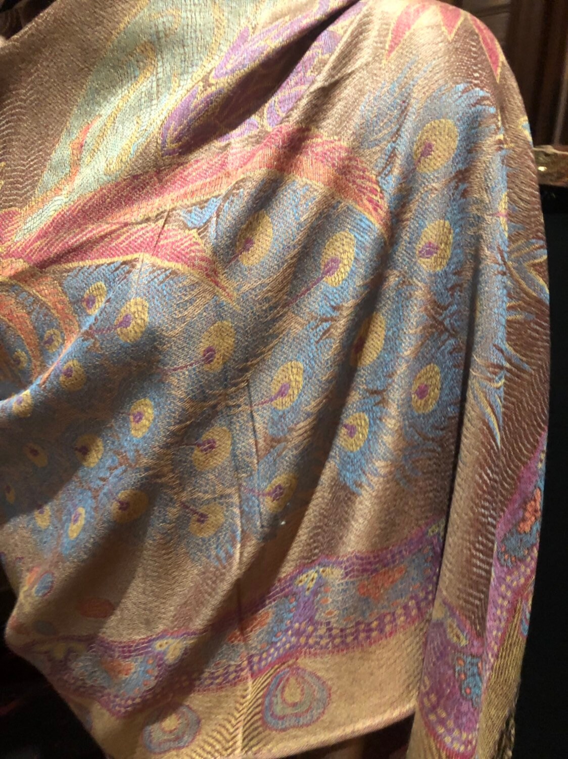 Vintage Peacock Feather Brocade Pashmina Scarf Wrap Shawl