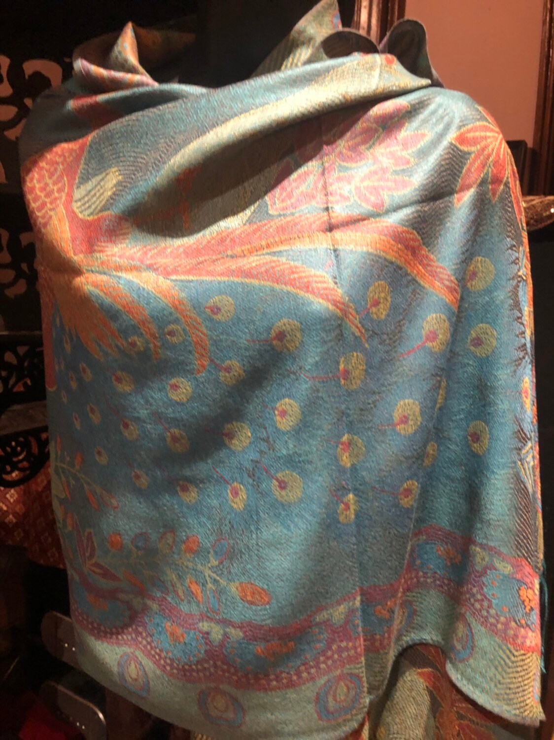 Vintage Peacock feather Brocade Pashmina Scarf Wrap Shawl