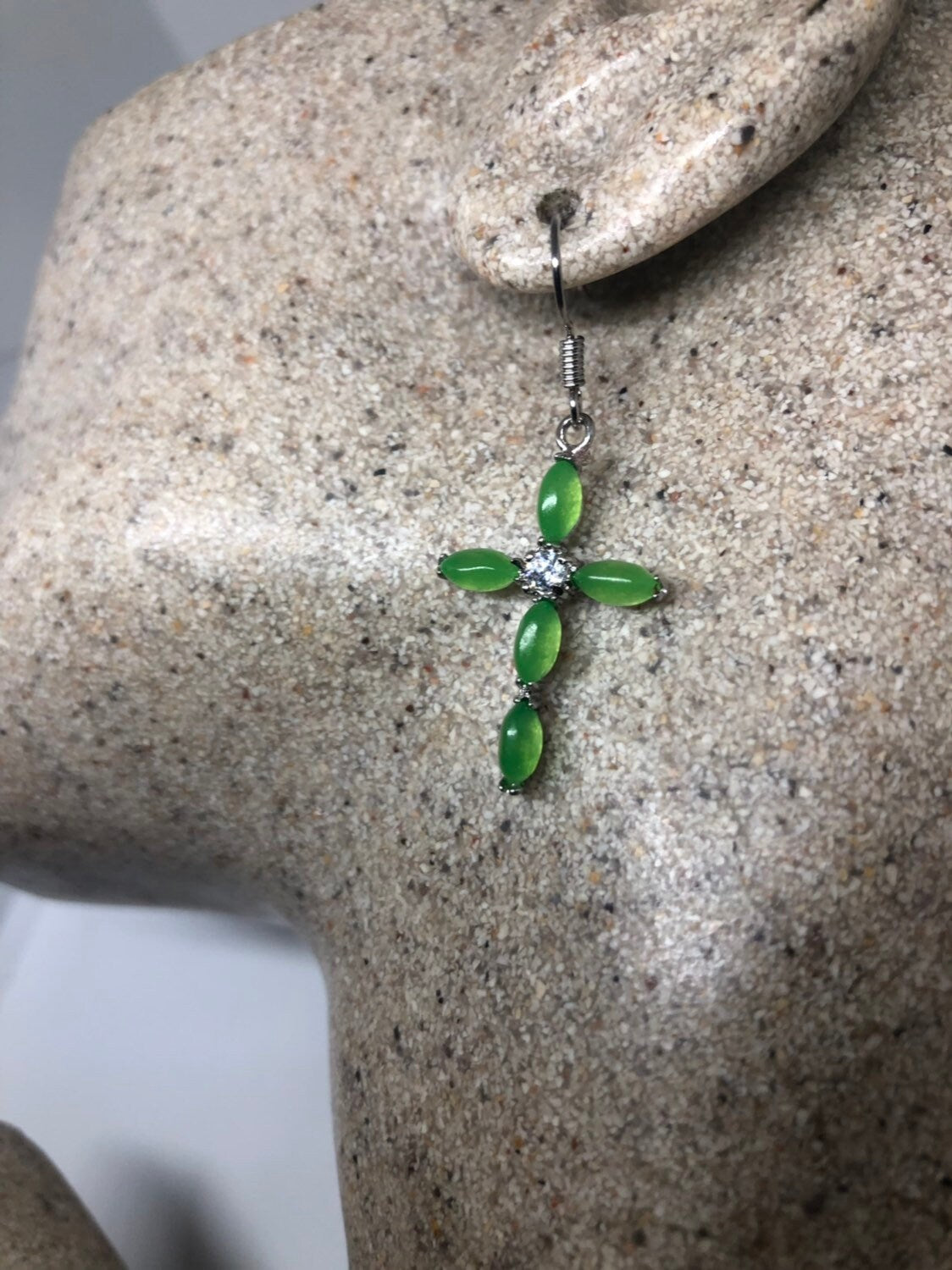 Vintage Fun Green Jade Gemstone Cross Silver Earrings