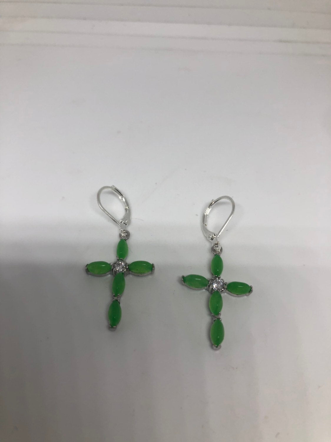 Vintage Fun Green Jade Gemstone Cross Silver Earrings