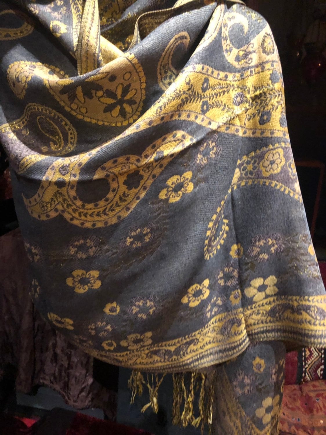 Vintage Gray Metallic Gold Paisley Brocade Pashmina Scarf Wrap