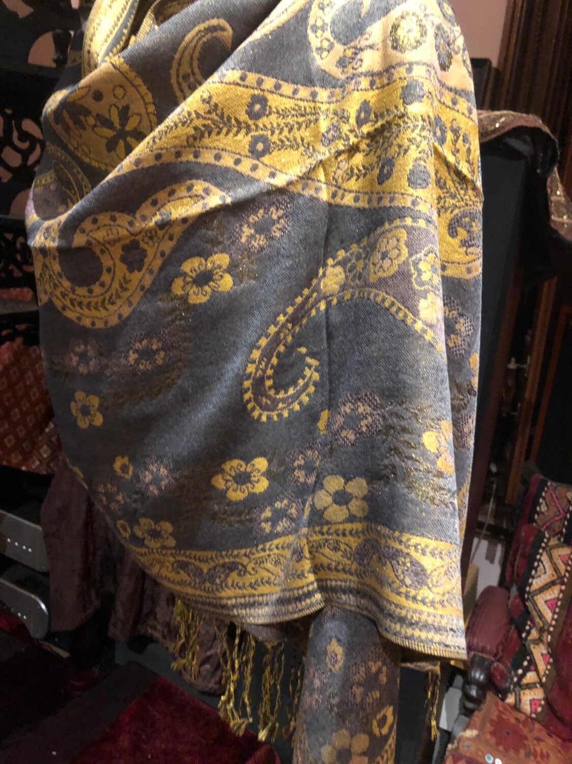 Vintage Gray Metallic Gold Paisley Brocade Pashmina Scarf Wrap