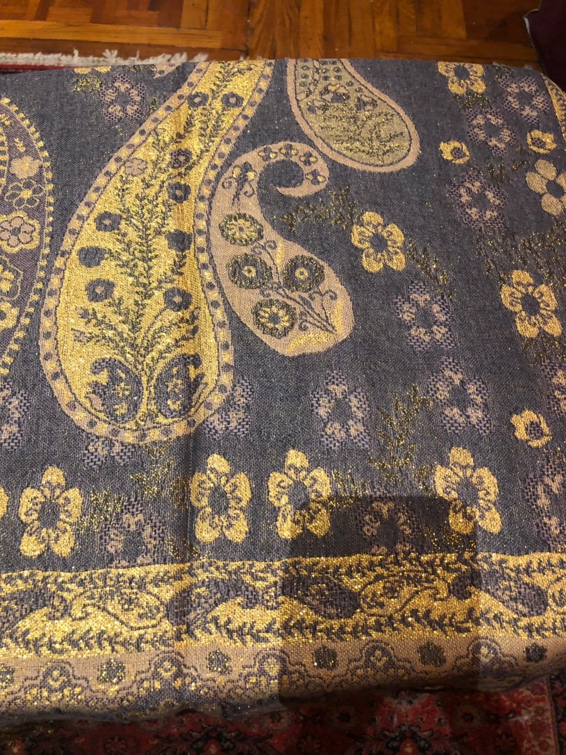 Vintage Gray Metallic Gold Paisley Brocade Pashmina Scarf Wrap