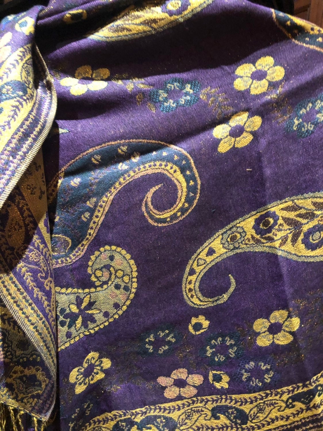 Nemesis Vintage Royal Purple Metallic Gold Paisley Brocade Pashmina Scarf Wrap