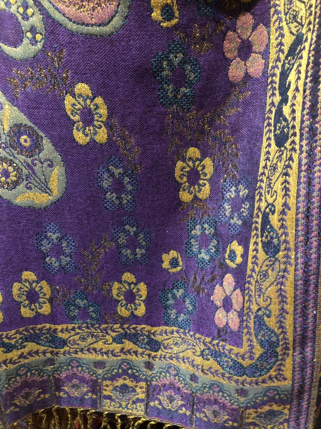 Nemesis Vintage Royal Purple Metallic Gold Paisley Brocade Pashmina Scarf Wrap