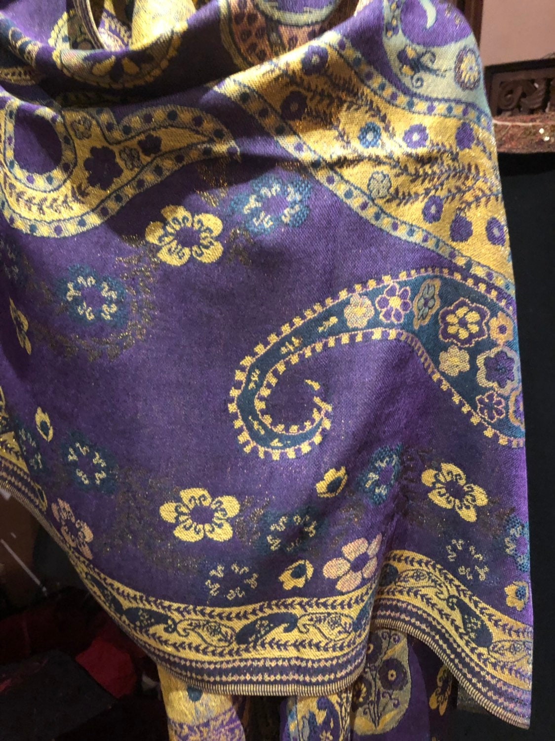 Nemesis Vintage Royal Purple Metallic Gold Paisley Brocade Pashmina Scarf Wrap