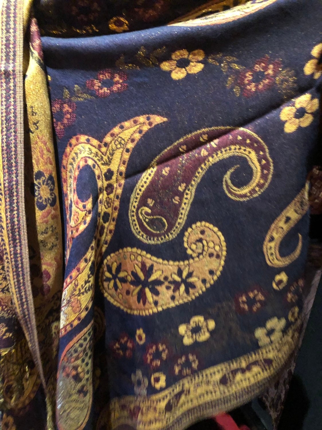 Vintage Blue Metallic Gold Paisley Brocade Pashmina Scarf Wrap Shawl