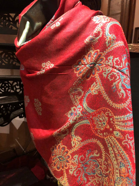 Vintage Red Blue Paisley Brocade Pashmina Scarf Wrap Scarf