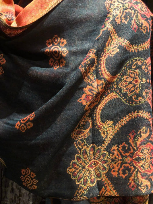 Vintage Black Red Paisley Brocade Pashmina Scarf Wrap Shawl