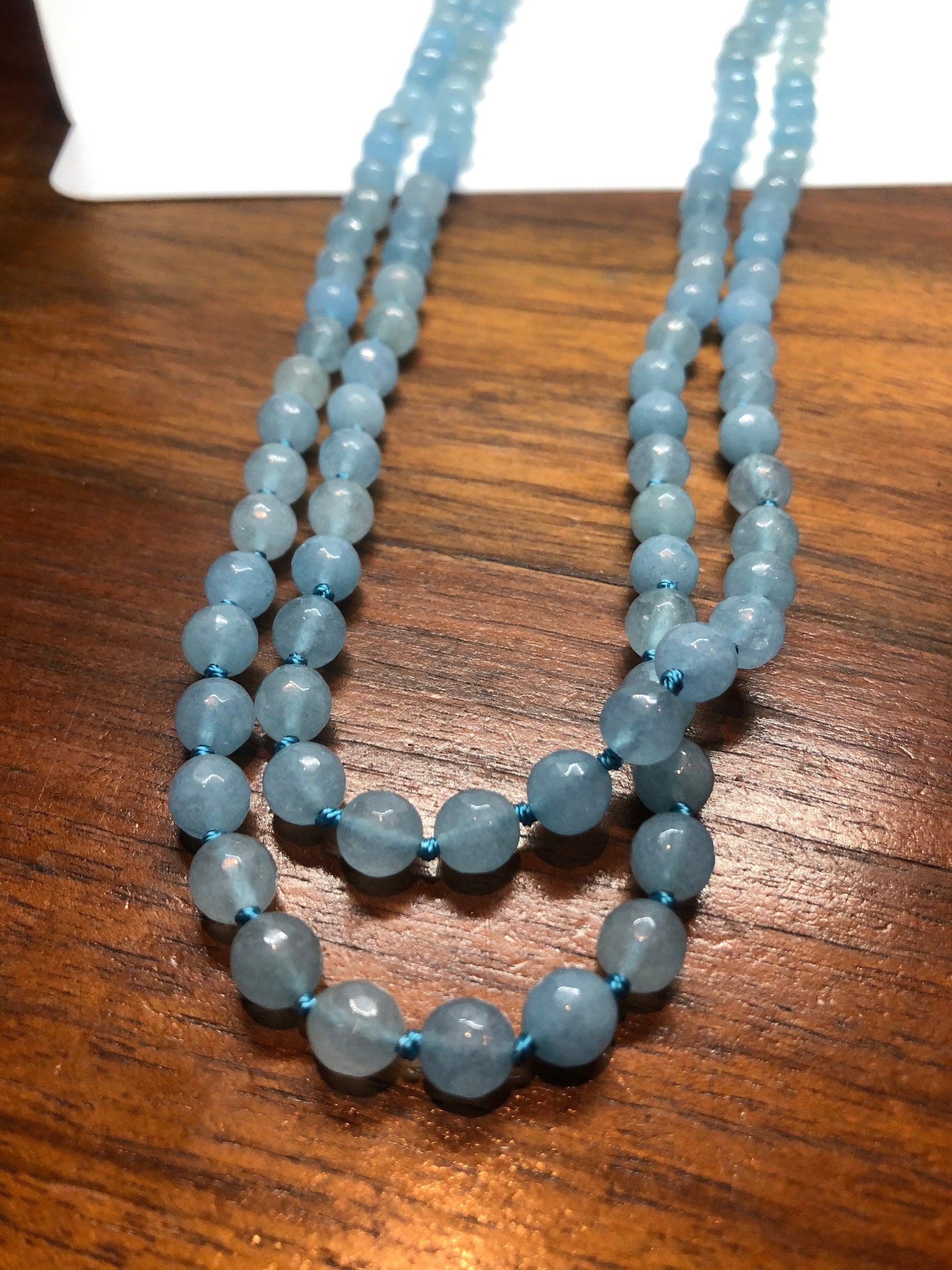 60 Inch Hand Knoted Vintage Blue chalcedony beaded Necklace