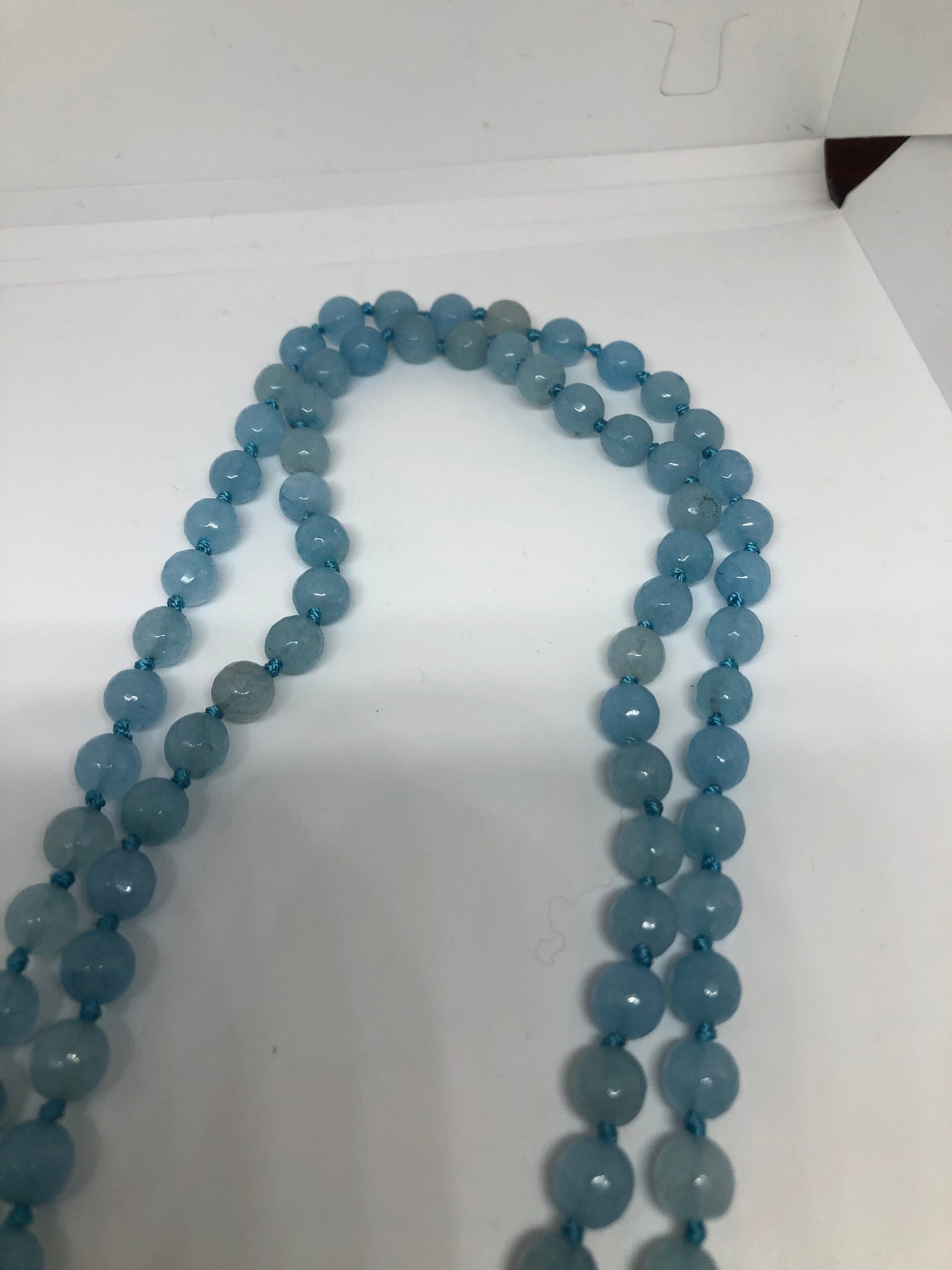 60 Inch Hand Knoted Vintage Blue chalcedony beaded Necklace