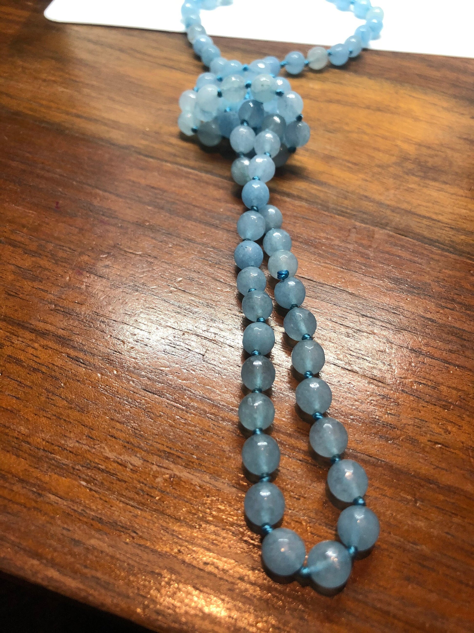 60 Inch Hand Knoted Vintage Blue chalcedony beaded Necklace