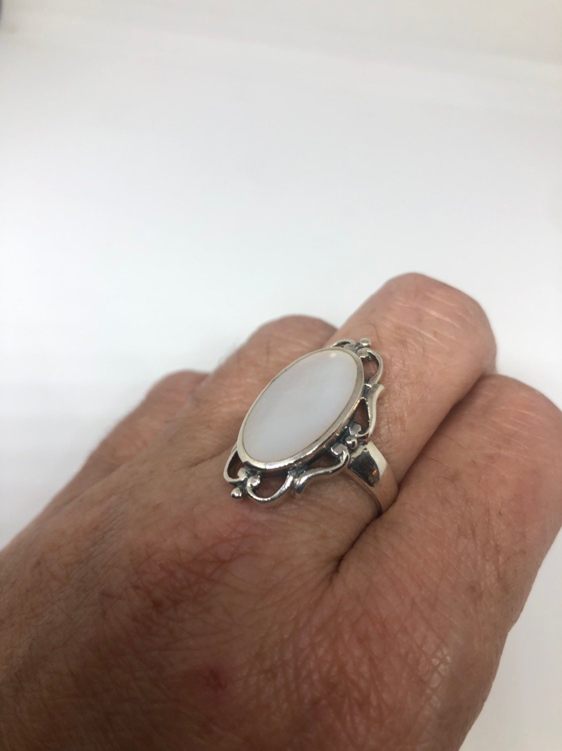 Antique White Mother of Pearl Filigree Sterling Silver Ring