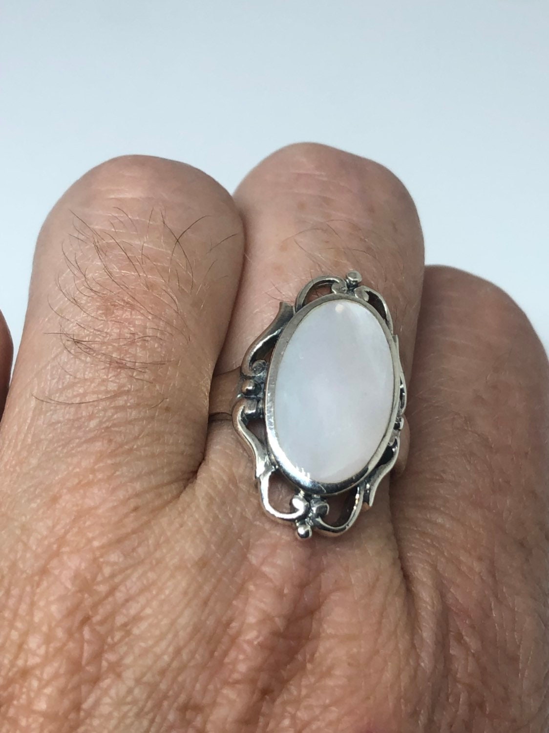 Antique White Mother of Pearl Filigree Sterling Silver Ring