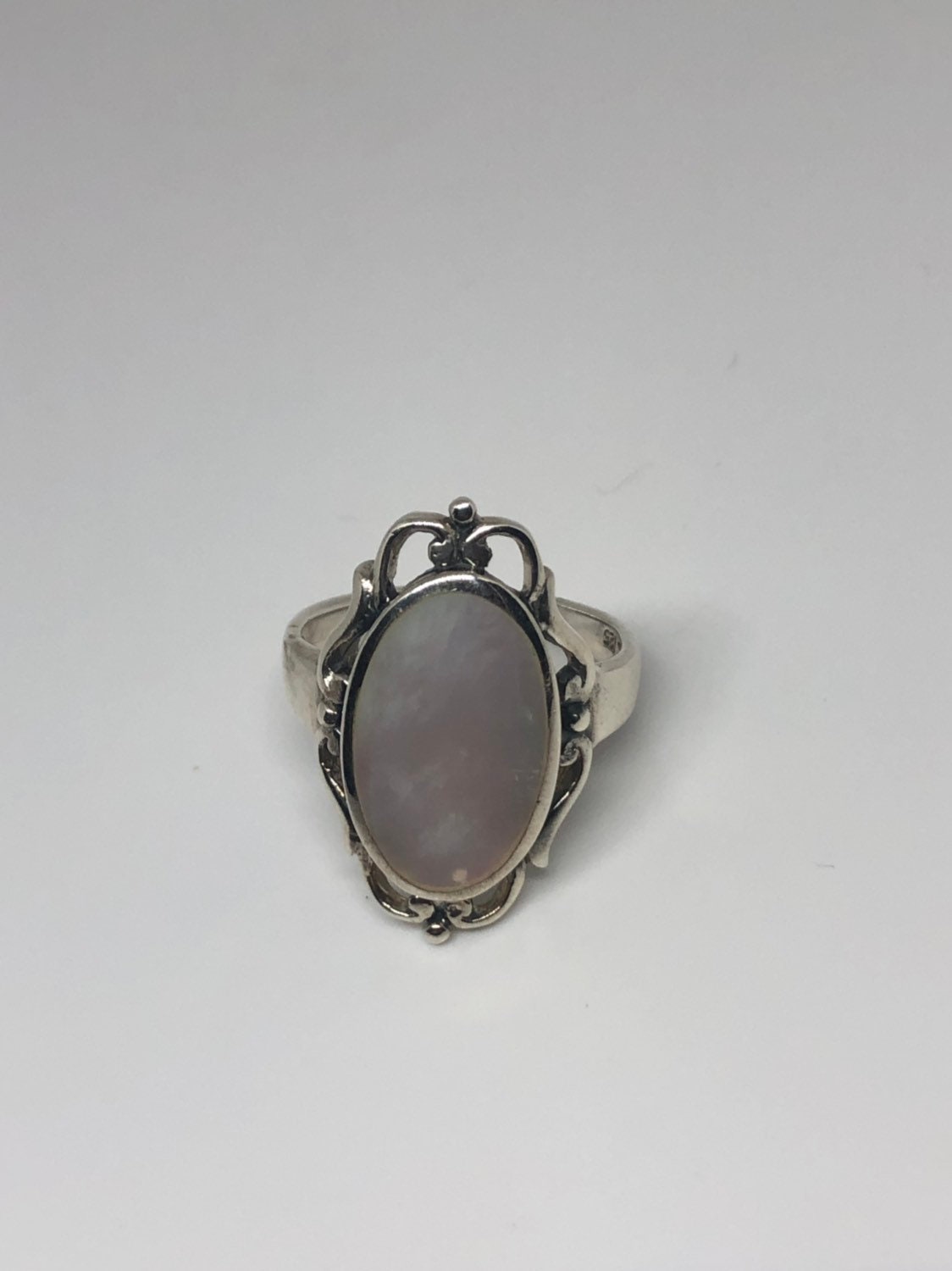 Antique White Mother of Pearl Filigree Sterling Silver Ring